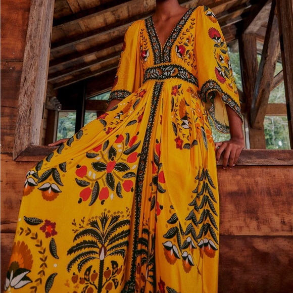Farm Rio Yellow Tropical Tapestry Kaftan Dress - Picture 1 of 4